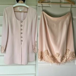 Rickie Freeman Teri Jon Nites Pink Silk Lace Evening Suit Jacket Skirt Set Sz 12